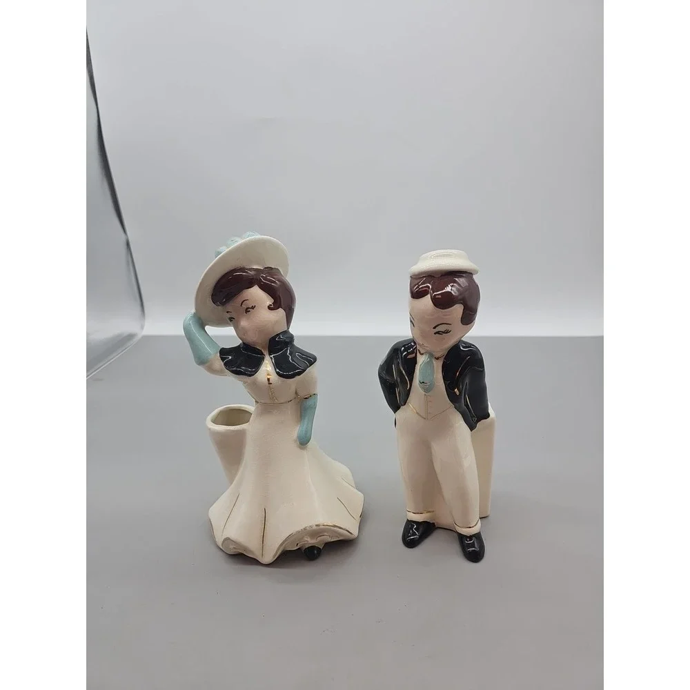 VTG  Pottery Ceramic Set  Woman + Man Dressed For‎ Outing  Planter Vase MCM